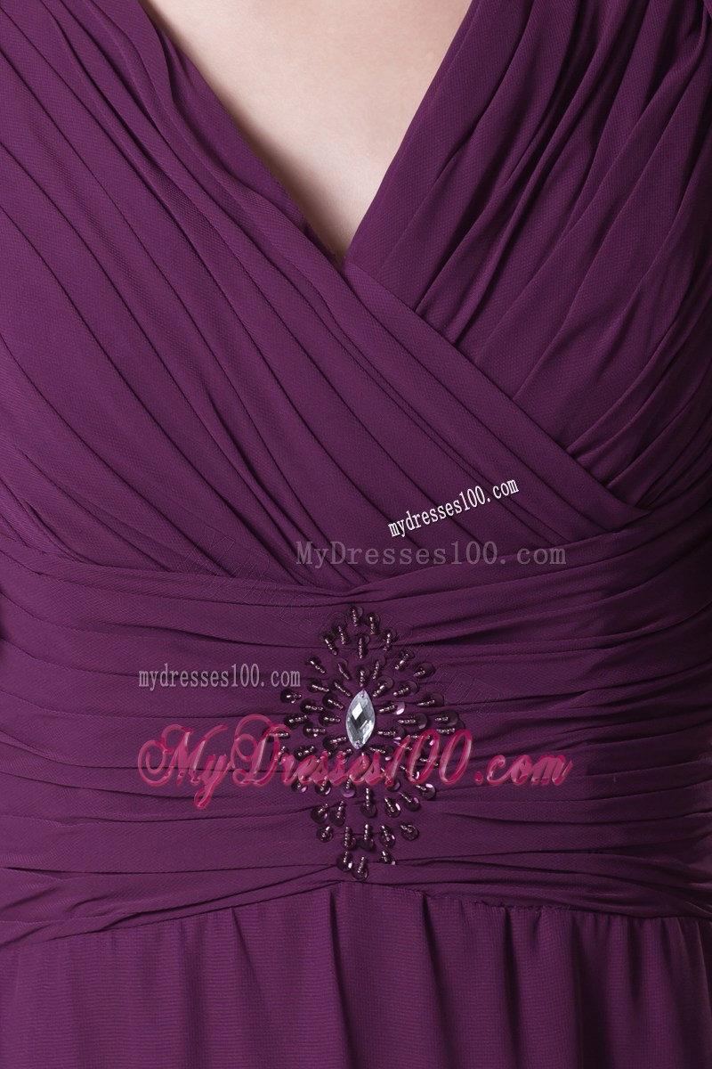 V-neck Purple Mother In Law Dress with Butterfly Sleeves Jacket