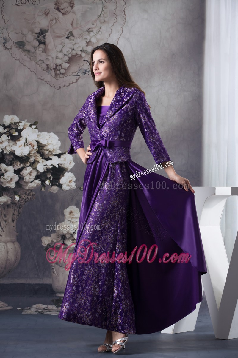 Strapless Ankle-length Purple Printed Mother Bride Dress with Apron