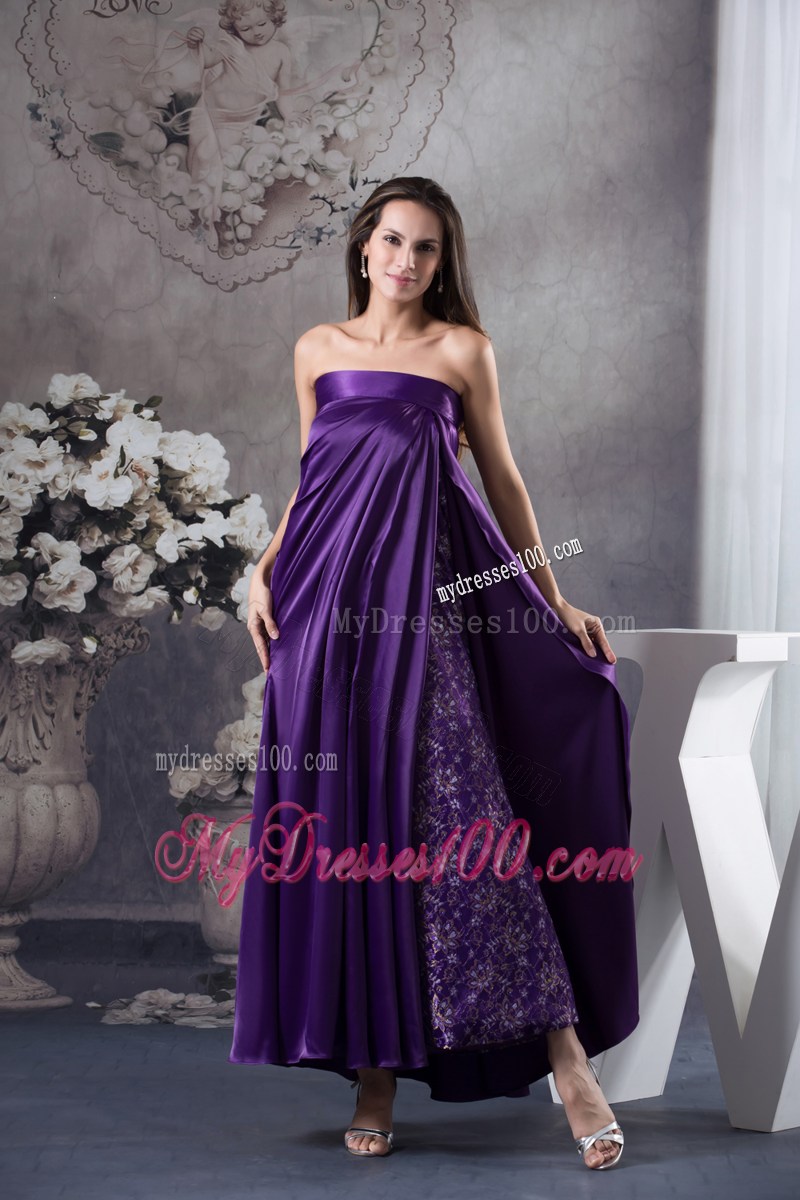 Strapless Ankle-length Purple Printed Mother Bride Dress with Apron