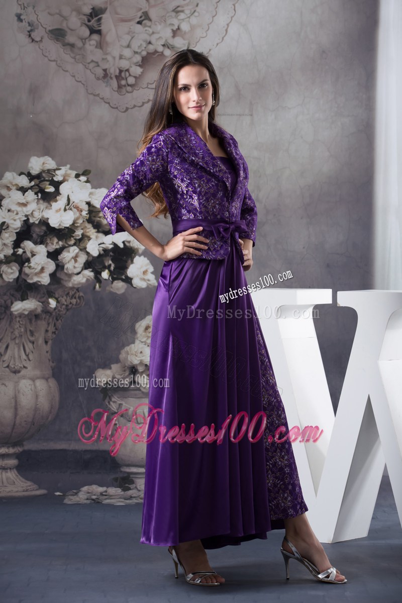 Strapless Ankle-length Purple Printed Mother Bride Dress with Apron