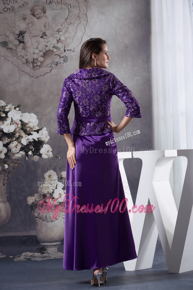 Strapless Ankle-length Purple Printed Mother Bride Dress with Apron