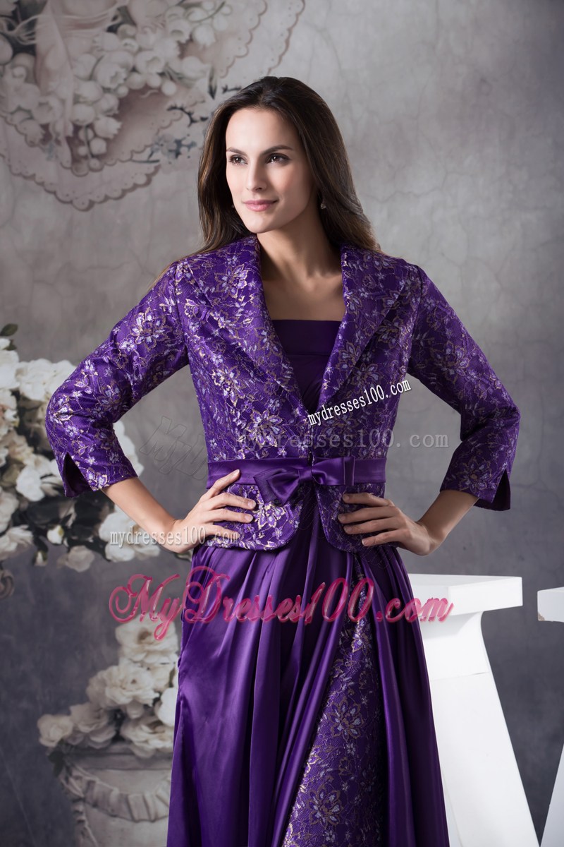 Strapless Ankle-length Purple Printed Mother Bride Dress with Apron
