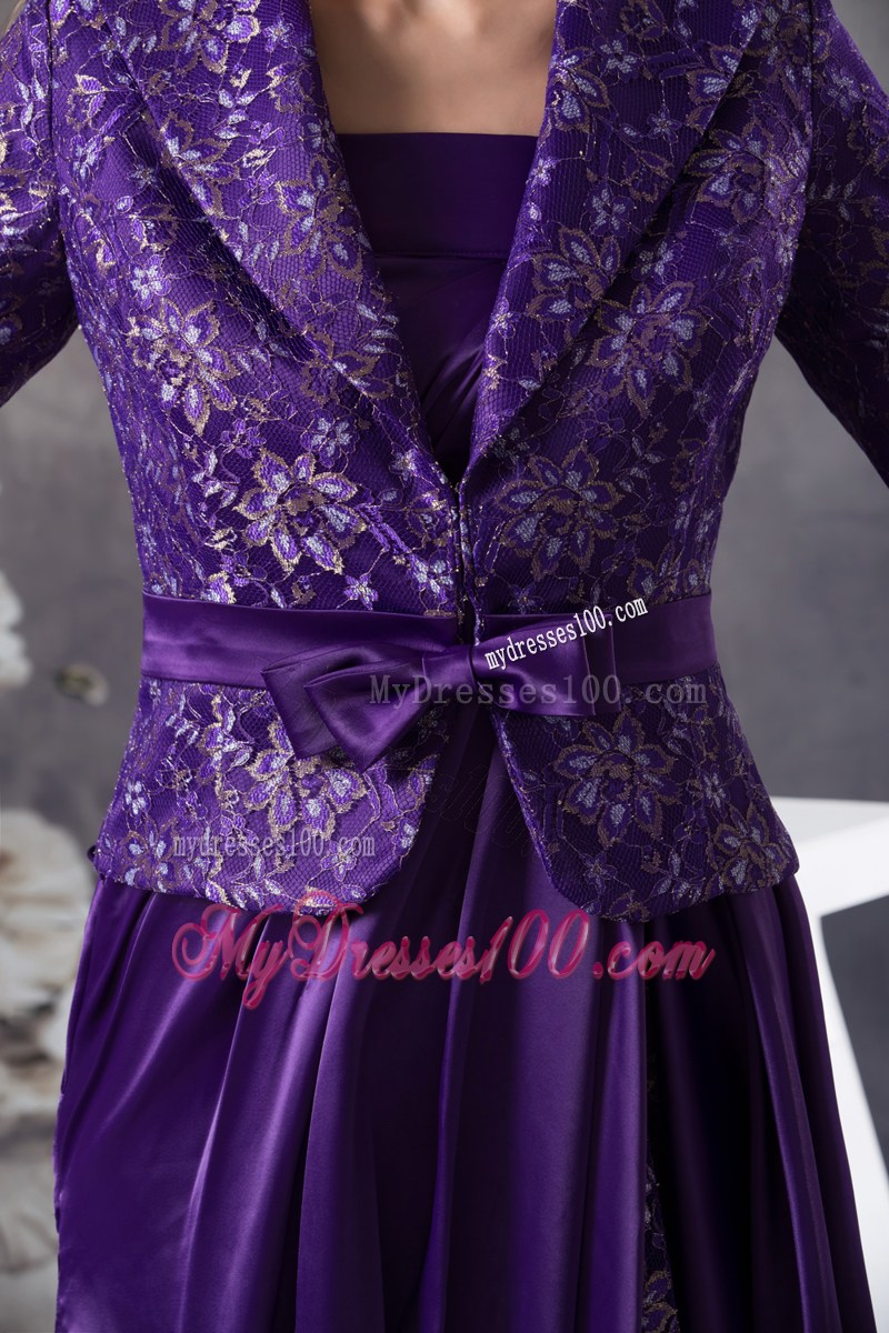 Strapless Ankle-length Purple Printed Mother Bride Dress with Apron