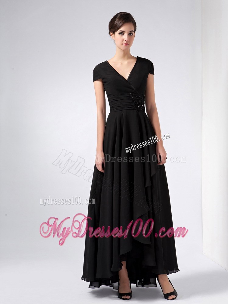 Black V-neck Ankle-length with Ruched Mother of the Bride Dress