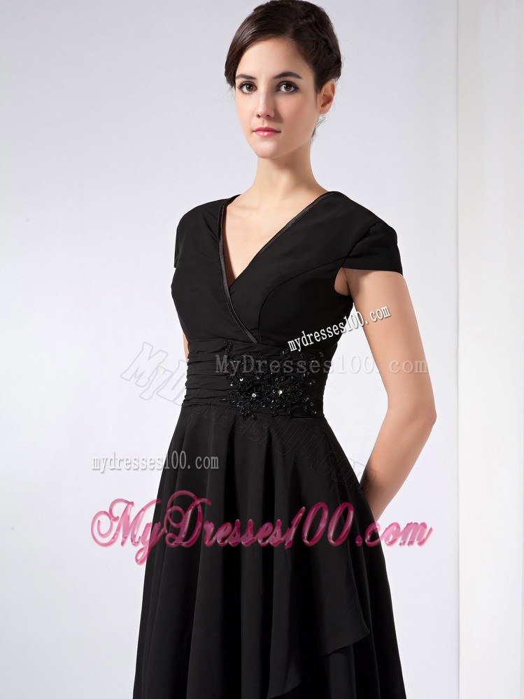 Black V-neck Ankle-length with Ruched Mother of the Bride Dress
