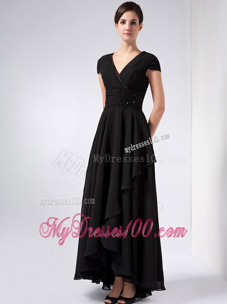 Black V-neck Ankle-length with Ruched Mother of the Bride Dress
