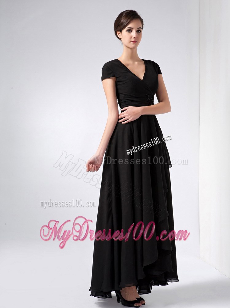 Black V-neck Ankle-length with Ruched Mother of the Bride Dress