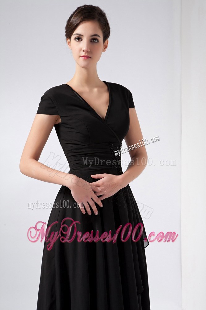 Black V-neck Ankle-length with Ruched Mother of the Bride Dress