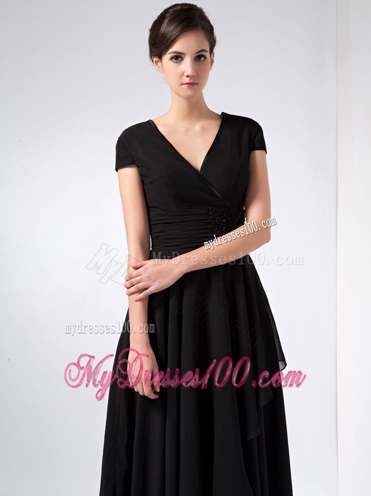 Black V-neck Ankle-length with Ruched Mother of the Bride Dress