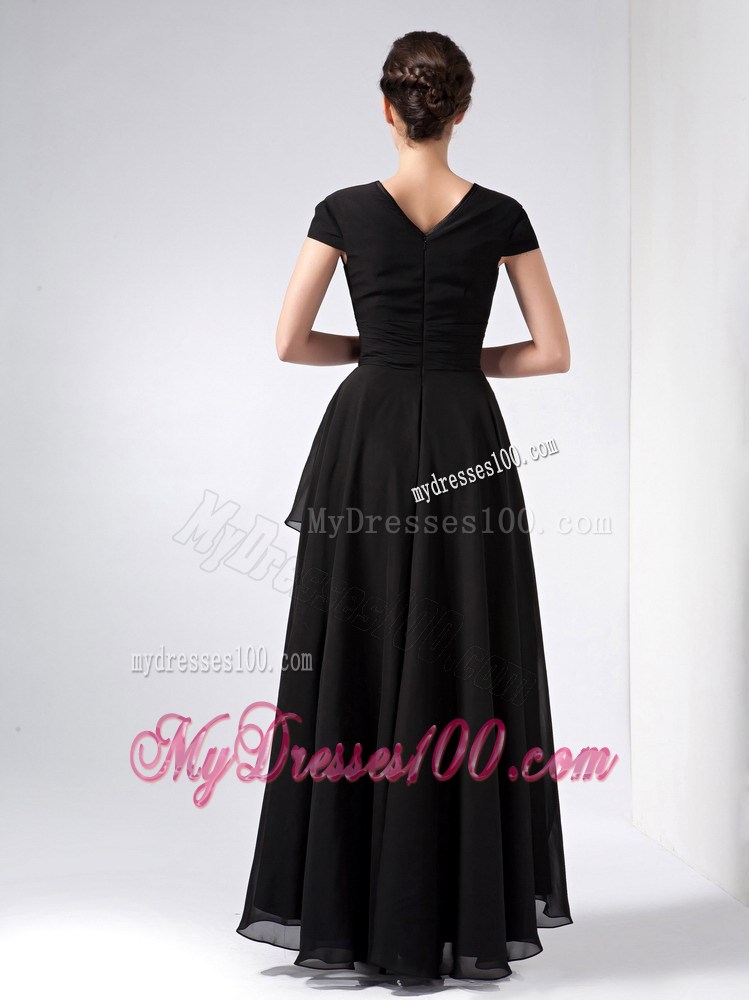 Black V-neck Ankle-length with Ruched Mother of the Bride Dress