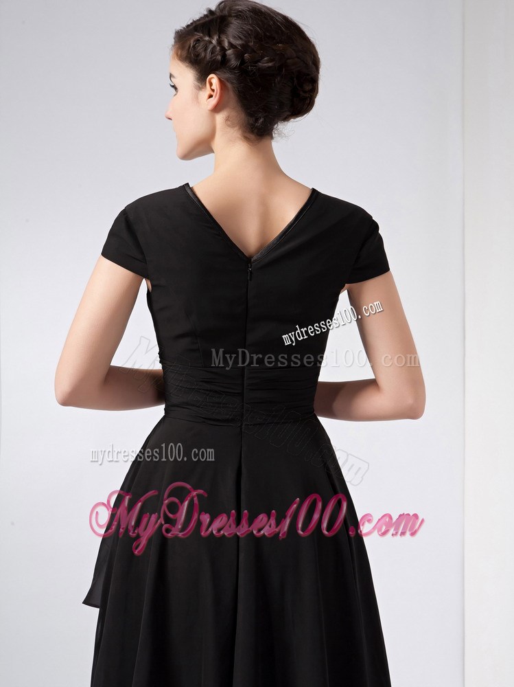 Black V-neck Ankle-length with Ruched Mother of the Bride Dress