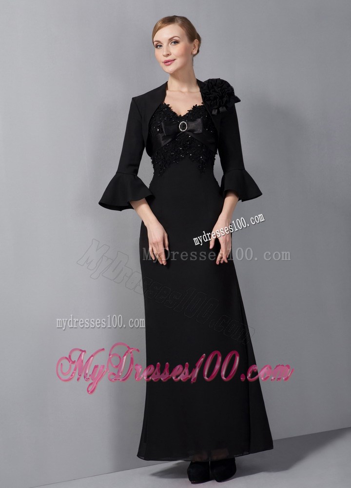 Black Column Straps Ankle-length Appliques Mother of the Bride Dress