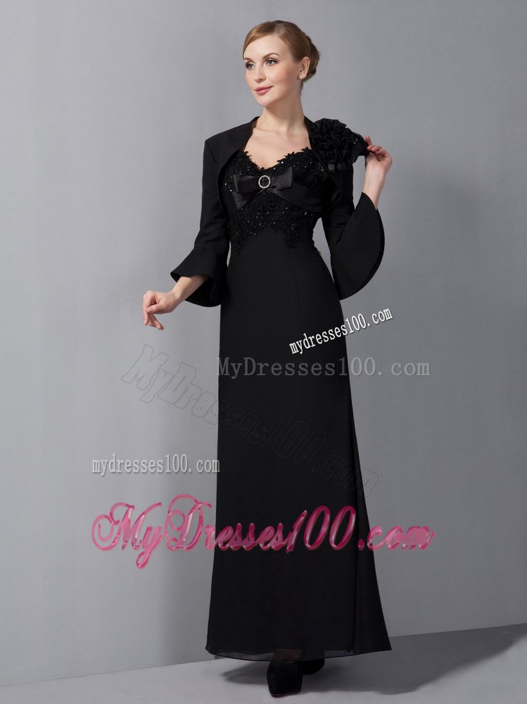 Black Column Straps Ankle-length Appliques Mother of the Bride Dress