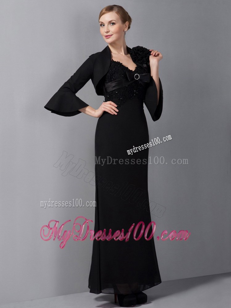 Black Column Straps Ankle-length Appliques Mother of the Bride Dress