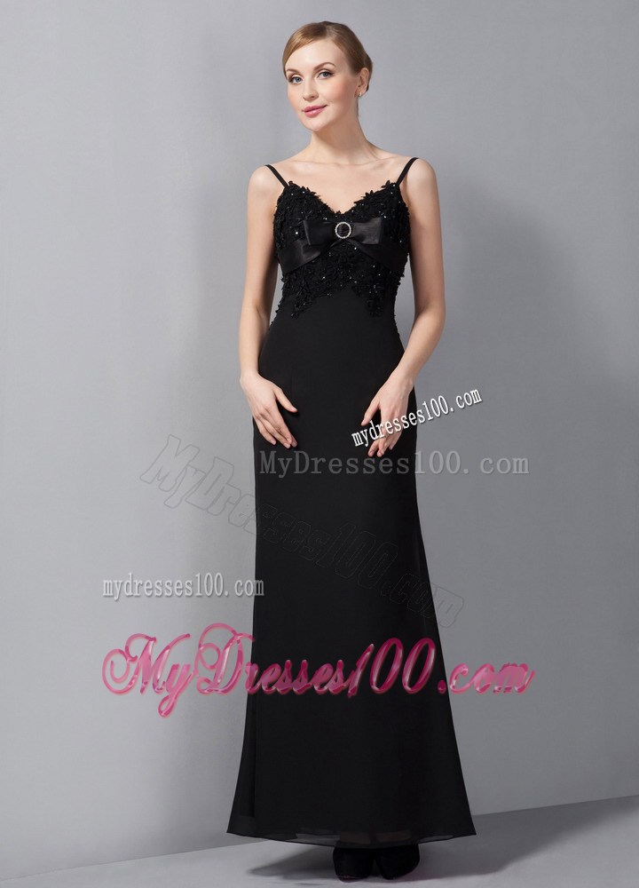 Black Column Straps Ankle-length Appliques Mother of the Bride Dress