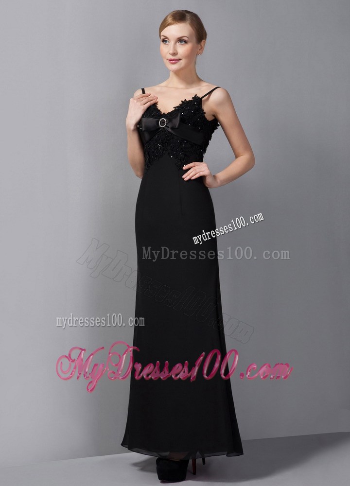 Black Column Straps Ankle-length Appliques Mother of the Bride Dress