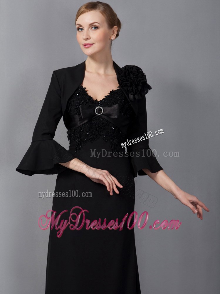 Black Column Straps Ankle-length Appliques Mother of the Bride Dress