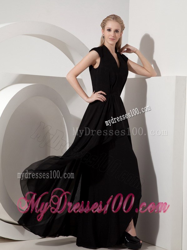 Cap Sleeves V-neck Long Back Mothers Dresses For Weddings in Black