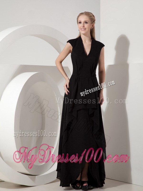 Cap Sleeves V-neck Long Back Mothers Dresses For Weddings in Black