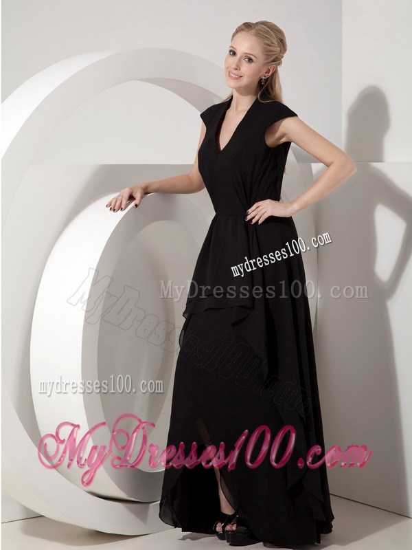 Cap Sleeves V-neck Long Back Mothers Dresses For Weddings in Black
