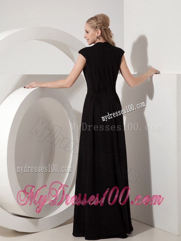 Cap Sleeves V-neck Long Back Mothers Dresses For Weddings in Black