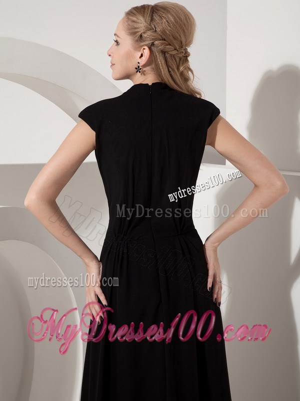 Cap Sleeves V-neck Long Back Mothers Dresses For Weddings in Black