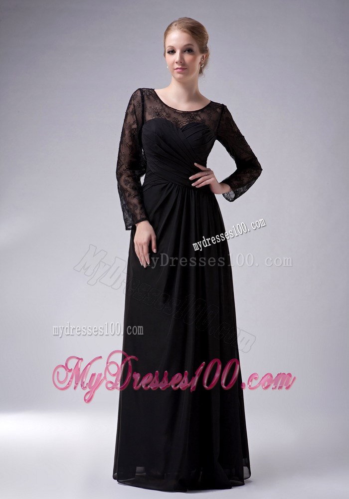 Black Empire Scoop Ruche Mother of the Bride Dress with Long Sleeves