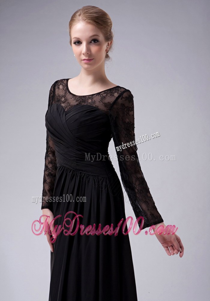 Black Empire Scoop Ruche Mother of the Bride Dress with Long Sleeves