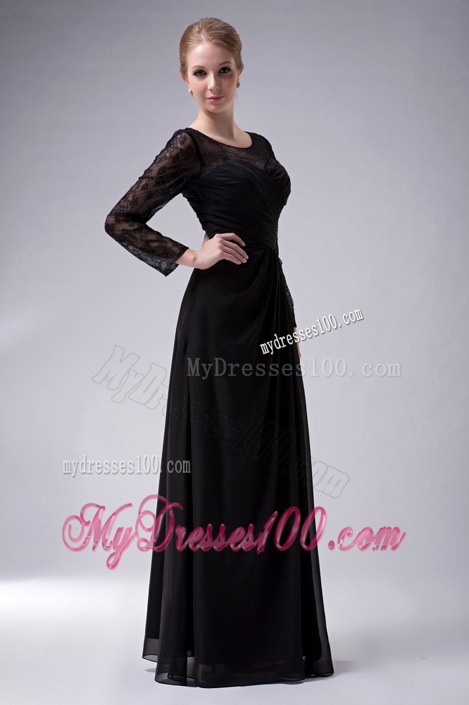 Black Empire Scoop Ruche Mother of the Bride Dress with Long Sleeves