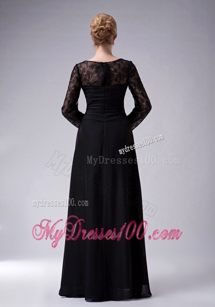 Black Empire Scoop Ruche Mother of the Bride Dress with Long Sleeves