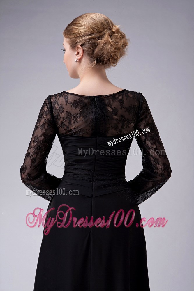 Black Empire Scoop Ruche Mother of the Bride Dress with Long Sleeves