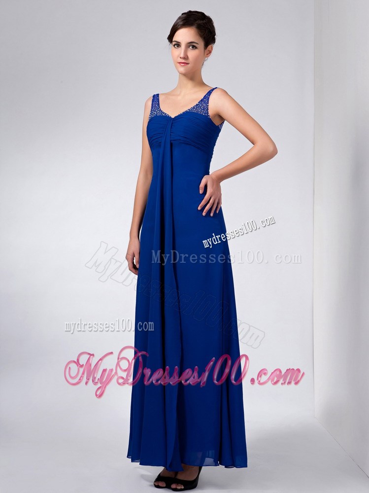 Blue Column Straps Ankle-length Beading Mother of the Bride Dress