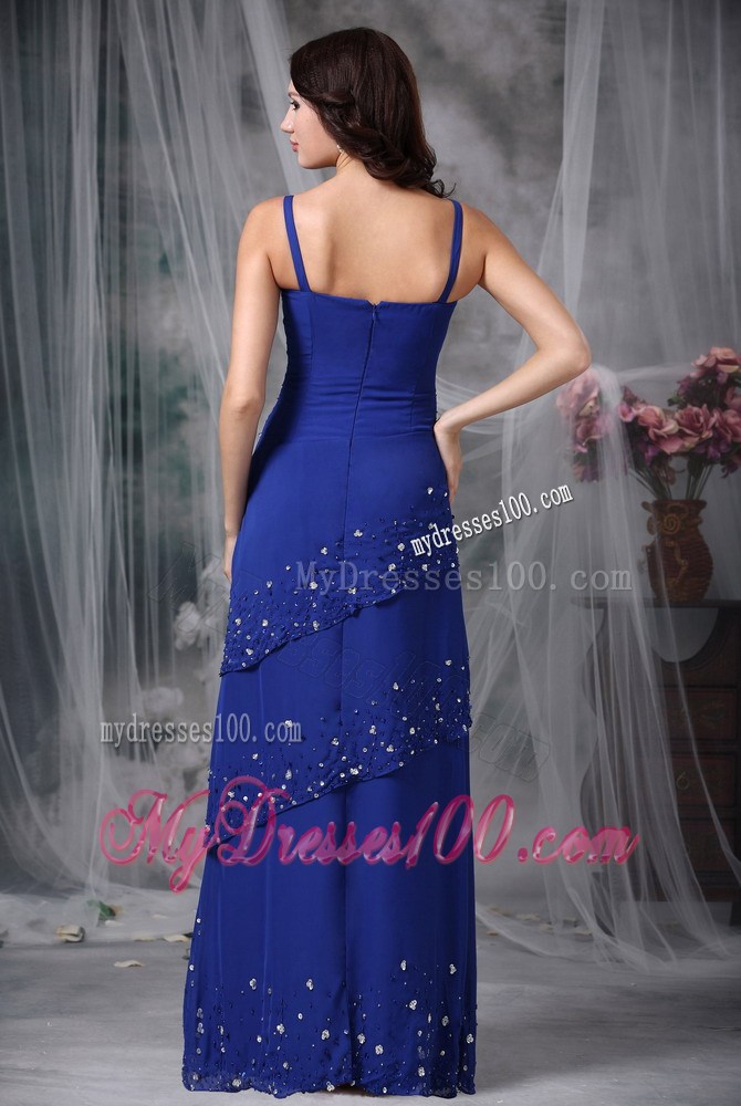 Blue Column Straps Beaded Decorated Mother of the Bride Dress