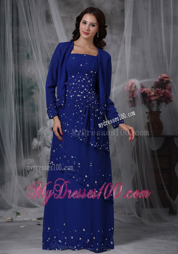 Blue Column Straps Beaded Decorated Mother of the Bride Dress