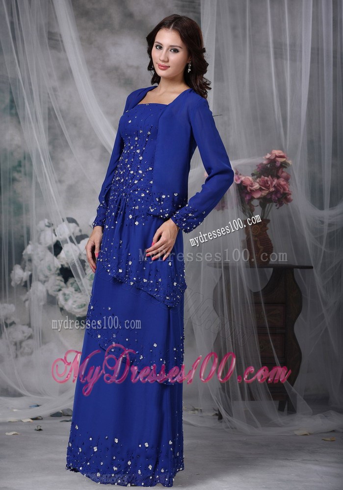 Blue Column Straps Beaded Decorated Mother of the Bride Dress