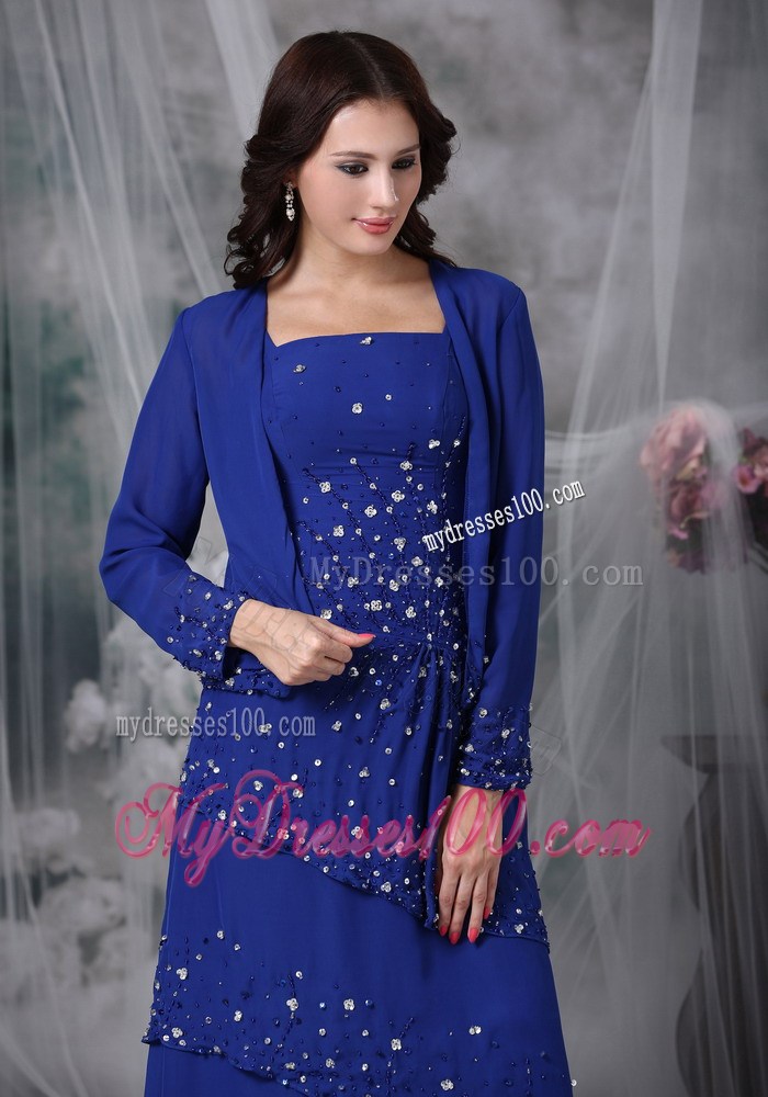 Blue Column Straps Beaded Decorated Mother of the Bride Dress