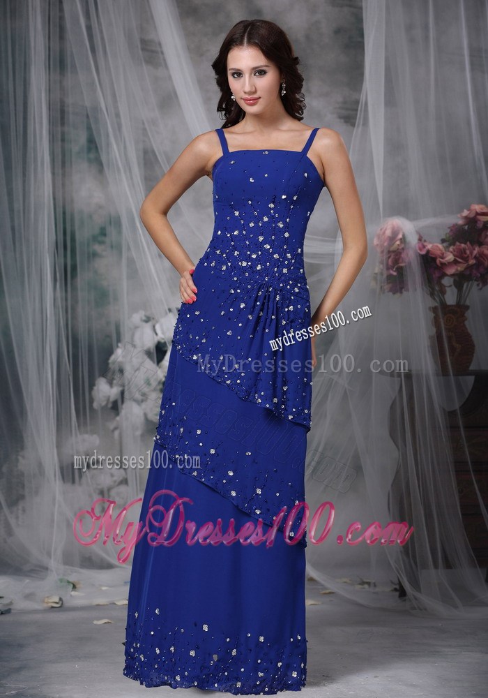 Blue Column Straps Beaded Decorated Mother of the Bride Dress