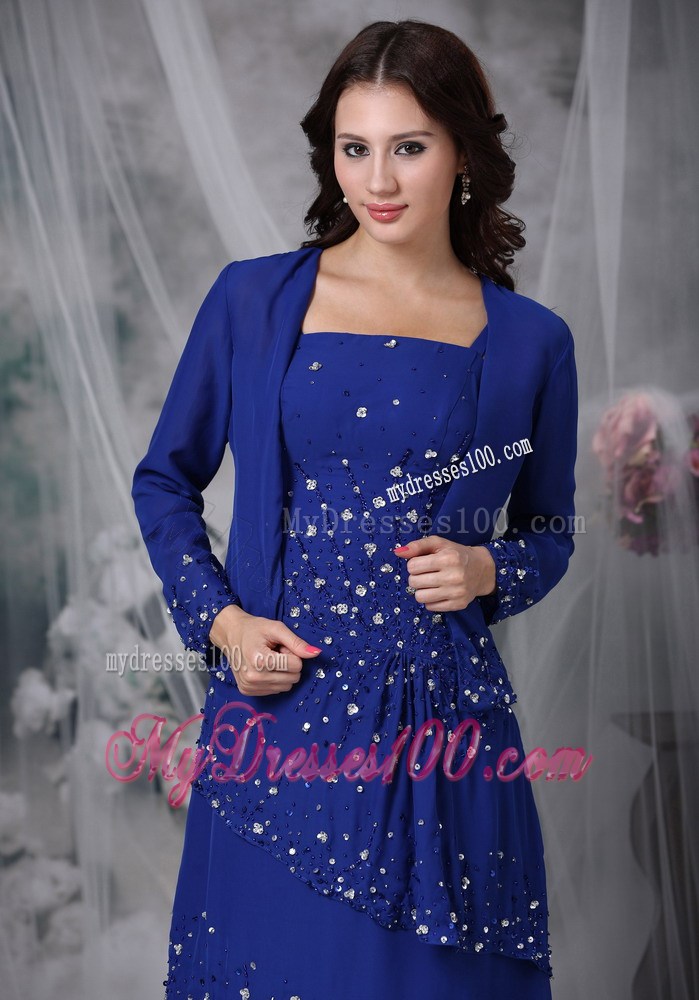 Blue Column Straps Beaded Decorated Mother of the Bride Dress