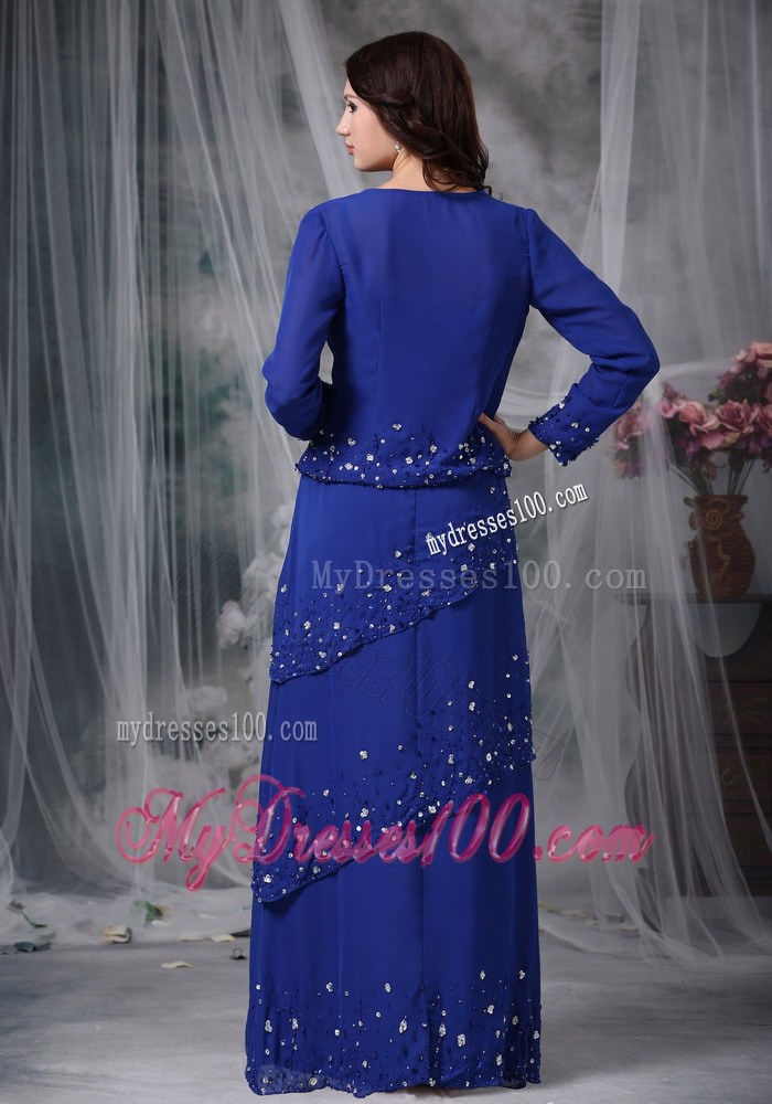 Blue Column Straps Beaded Decorated Mother of the Bride Dress