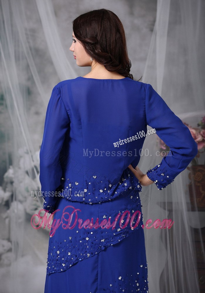 Blue Column Straps Beaded Decorated Mother of the Bride Dress