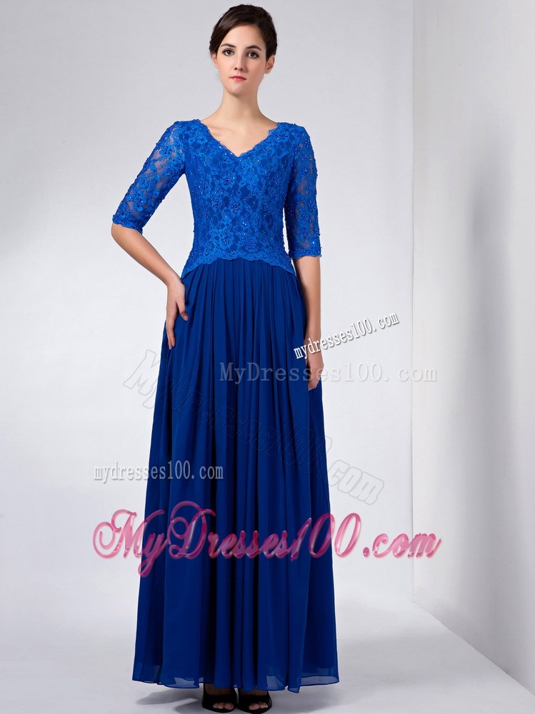 Blue Column V-neck Ankle-length Chiffon and Lace Beading Mother Of The Bride Dress