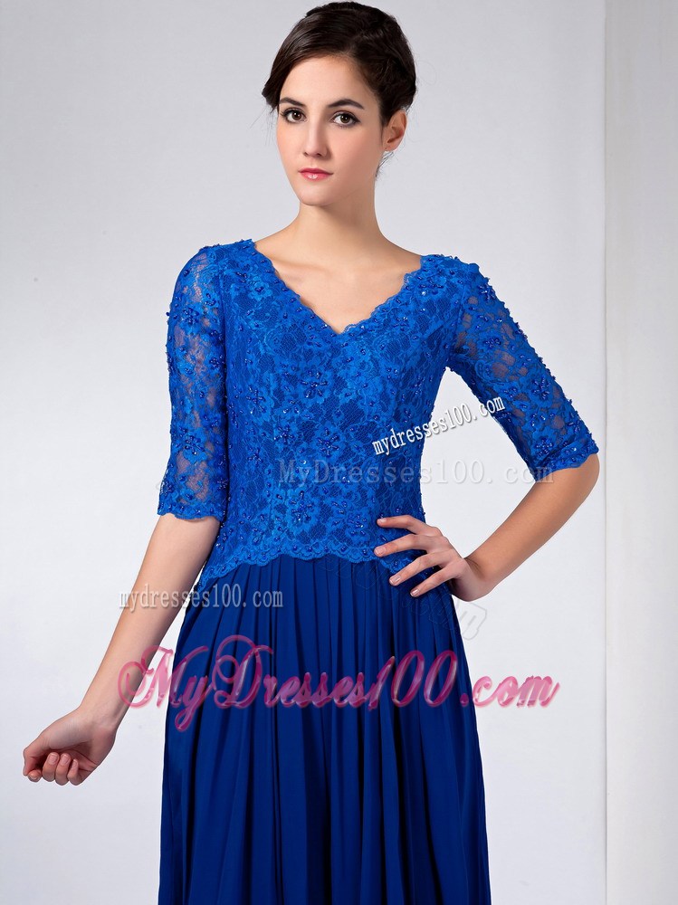Blue Column V-neck Ankle-length Chiffon and Lace Beading Mother Of The Bride Dress