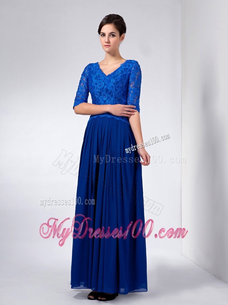 Blue Column V-neck Ankle-length Chiffon and Lace Beading Mother Of The Bride Dress