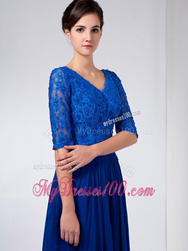 Blue Column V-neck Ankle-length Chiffon and Lace Beading Mother Of The Bride Dress