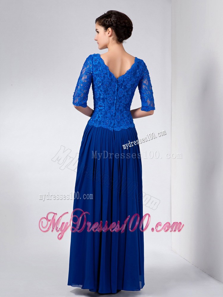 Blue Column V-neck Ankle-length Chiffon and Lace Beading Mother Of The Bride Dress