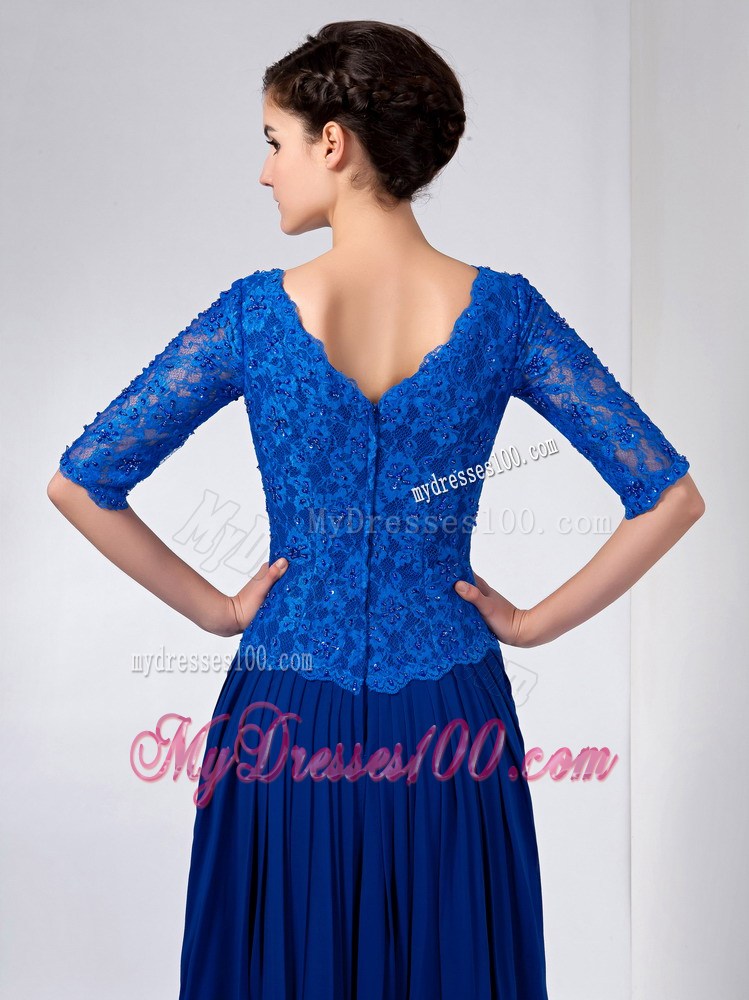 Blue Column V-neck Ankle-length Chiffon and Lace Beading Mother Of The Bride Dress