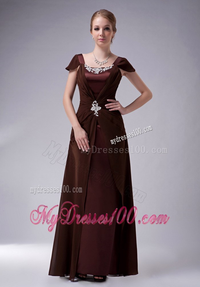 Brown Column Square with Cap Sleeves Beading Mother of Bride Dress