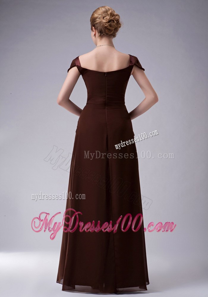 Brown Column Square with Cap Sleeves Beading Mother of Bride Dress