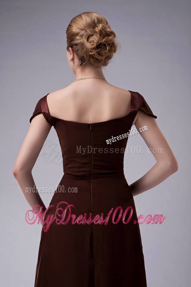 Brown Column Square with Cap Sleeves Beading Mother of Bride Dress