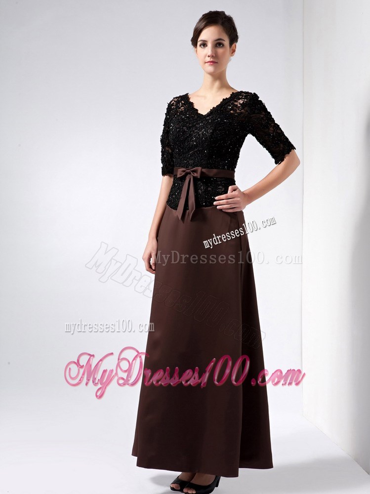 Brown V-neck Ankle-length Lace Beading Mother of the Bride Dress